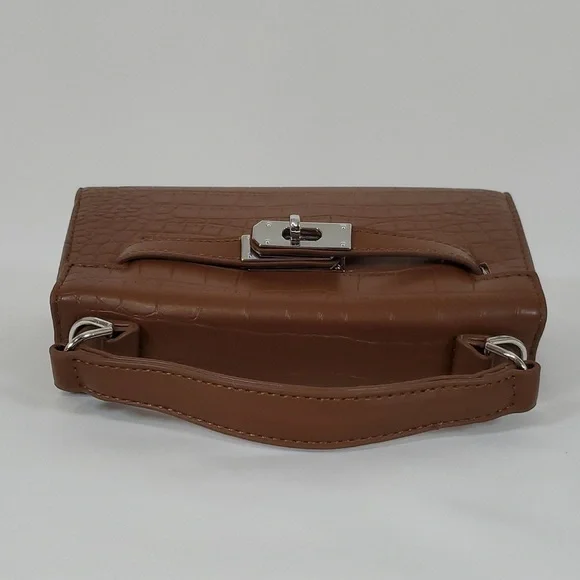 NEW BROWN CROC EMBOSSED FAUX LEATHER SMALL SATCHEL CROSSBODY BAG - Picture 9 of 13